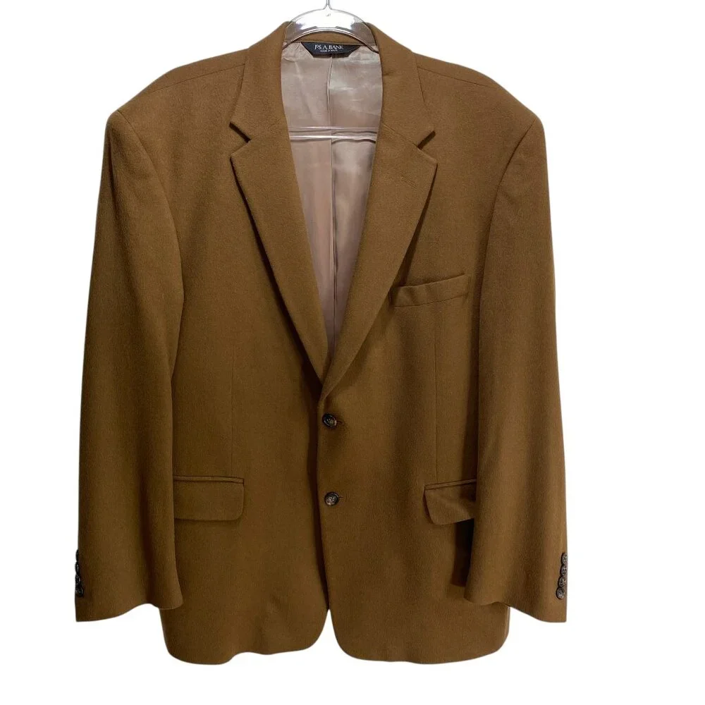 JoS A Bank Wool Cashmere Suit‎ Sport Coat Mens Tan Brown 46R Academia 2 Button